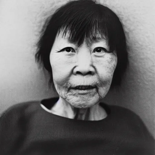 Prompt: photo of Mui Yim Fong by Diane Arbus, extreme closeup, black and white, high contrast, Rolleiflex, 55mm f/4 lens