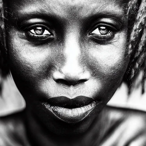 Prompt: Award winning photo of an ancient African model, with incredible hair and beautiful eyes wearing animal skin by Lee Jeffries, 85mm ND 5, perfect lighting, gelatin silver process