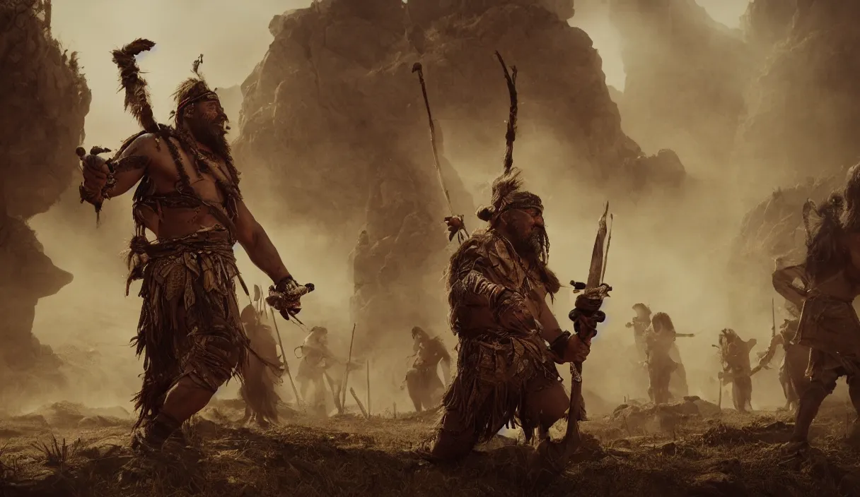 Image similar to an ancient tribesman with laser sword standing in front of barbarian horde, dramatic lighting, cinematic, establishing shot, extremely high detail, photorealistic, cinematic lighting, artstation, octane render, western,old photo, vintage