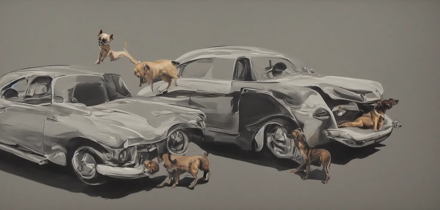Image similar to highly detailed photorealistic painting of a car giving a dog a hug, mid century art, values as flat shapes, minimal shading