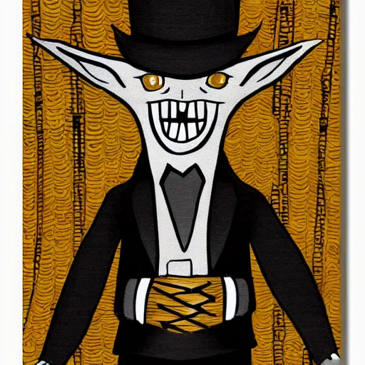 Prompt: charismatic goblin with little smile in suit, art on papyrus, symmetrical