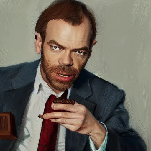 Young Hugo Weaving in a suit smoking a cigar with a, Stable Diffusion