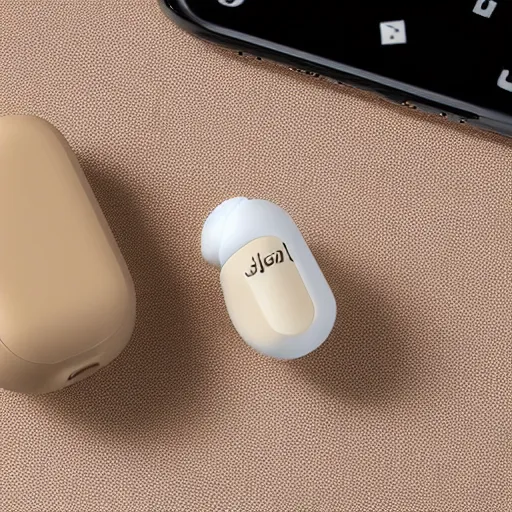 Prompt: a single beige truly wireless earbud with gold accents, by Jabra, oval beige case, studio, product photo