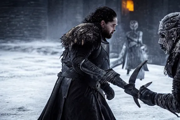 Image similar to very very intricate photorealistic photo of jon snow fighting the night king, photo is in focus with detailed atmospheric lighting, award - winning details