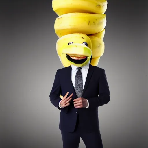 Image similar to an antropomorphic banana wearing a business suit