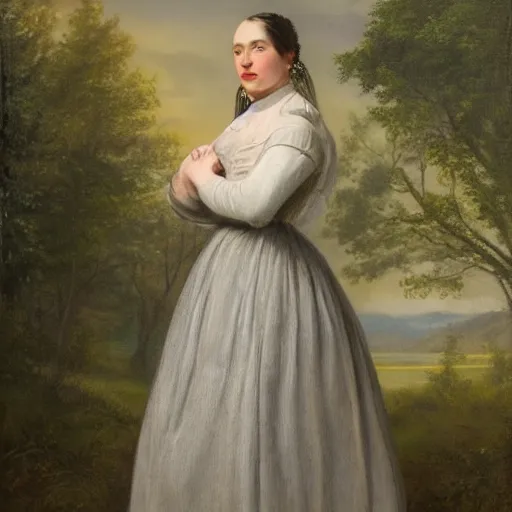 Image similar to portrait of Dasha Nekrasova wearing grey 1850 dress, in the style of the Hudson River School