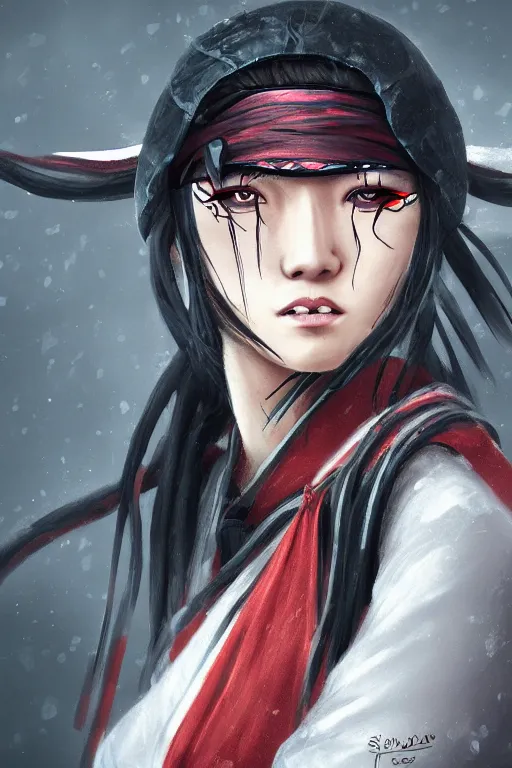 Image similar to native japanese young woman dressed like shinobi ninja, focused stare, partially masked, highly detailed, photorealistic render, digital painting, trending on artstation, character design, overcast weather