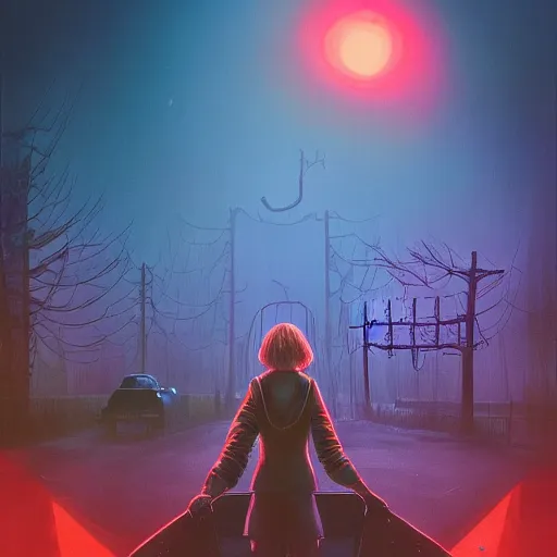 Prompt: Stranger Things, Eleven standing in front of the gargantuan Mind Flayer from Stranger Things, stunning atmosphere, in Style of Peter Mohrbacher, moody night lighting