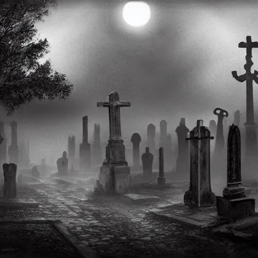 Image similar to an endless eerie graveyard with ancient ornate tombstones, misty, strands of fog, catacomb in background, frame is flanked by dark trees, creepy, night, finely detailed photorealistic black and white pencil drawing