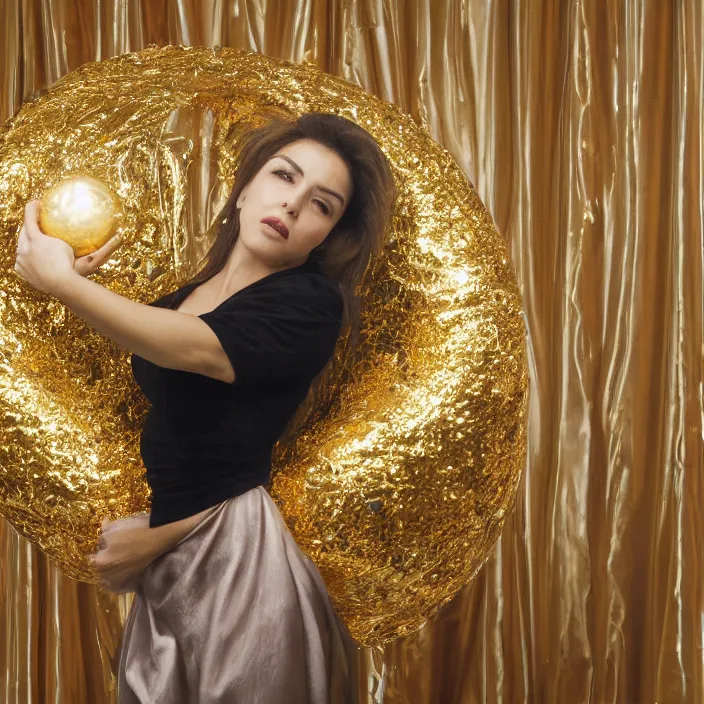 Image similar to a closeup portrait of a woman wrapped in plastic, standing next to a levitating gold orb, in a suburb, color photograph, by vincent desiderio, canon eos c 3 0 0, ƒ 1. 8, 3 5 mm, 8 k, medium - format print