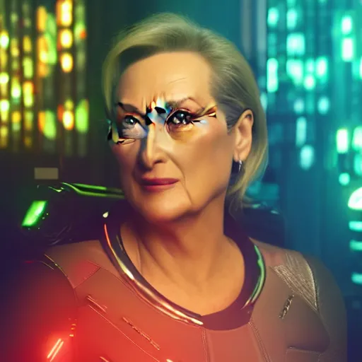 Prompt: Meryl Streep portrait, Cyberpunk 2077, ultra photorealistic, cybernetic body parts, neon, octane, bokeh, 8k