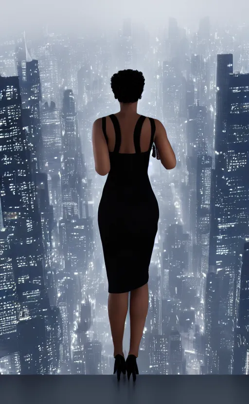 Image similar to an elegant Black woman in dress and heels, her back is to us, looking at a futuristic Blade Runner city, 8K