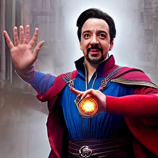 Image similar to A movie still of Lin-Manuel MIranda as Dr Strange, dynamic lighting, smiling, 8k, Heroic Pose, 2022 picture of the year