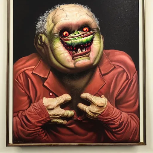 Image similar to oil painting with black background by christian rex van minnen robert williams todd schorr of a portrait of an extremely bizarre disturbing mutated man with acne intense chiaroscuro lighting perfect composition masterpiece