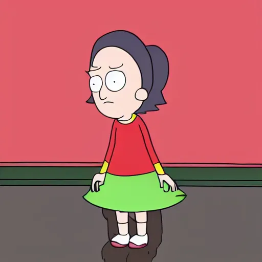 Prompt: of girl wearing red sweater with short black skirt and high heal shoes in the rick and morty style