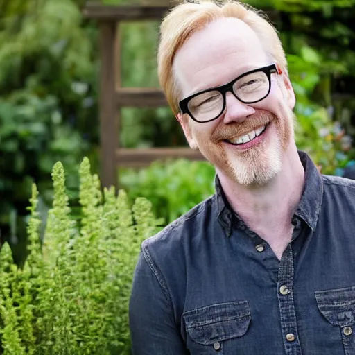 Image similar to professional photograph of Adam Savage smiling in a garden