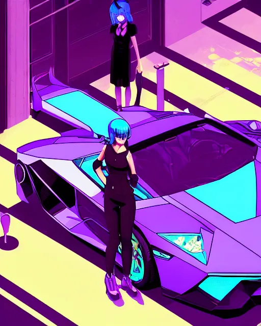 Prompt: digital illustration of cyberpunk pretty girl with blue hair, standing in front of a purple lamborghini, in city street at night, by makoto shinkai, ilya kuvshinov, lois van baarle, rossdraws, basquiat