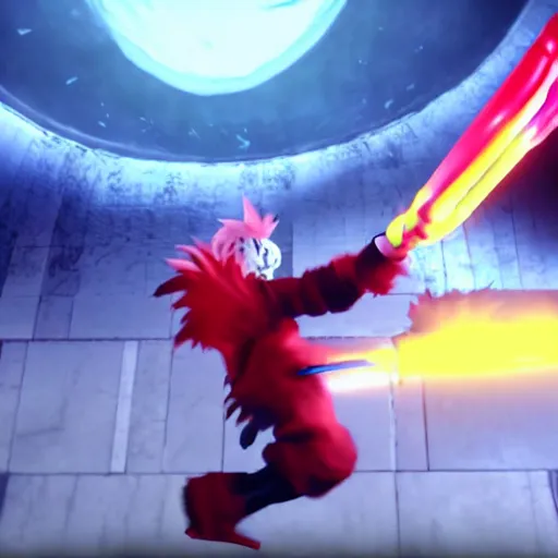 Image similar to final boss battle with clown strife using his balloon sword cinematic cutscene render screenshot final fantasy 7 remake high resolution