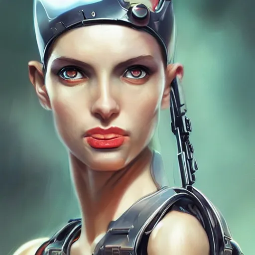 Image similar to tank girl, highly detailed, half android, power implants, body transmogrify, beautiful, mesmerising, look of desire, loving stare, digital painting, trending on artstation, concept art, 4 k, sharp focus, illustration, art by artgerm and greg rutkowski