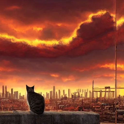 Prompt: cat watches a post apocalyptic city view where the sky is on fire