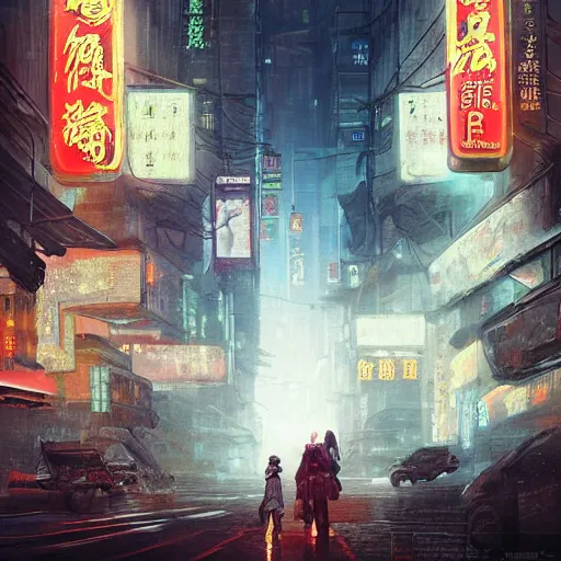 Image similar to a thousand sentient creatures covered in mountains and clouds. style of blade runner 2 0 4 9. i can understand why. a full length portrait of a spotless mind controlled, cyberpunk chinese street, by grosnez zak and