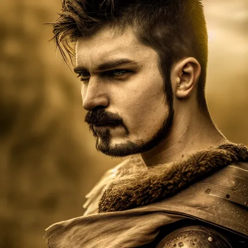 Image similar to portrait of a male warrior with split face ,fantasy, D&D, HDR, natural light, dynamic pose, award winning photograph, 8k, Mucha style,