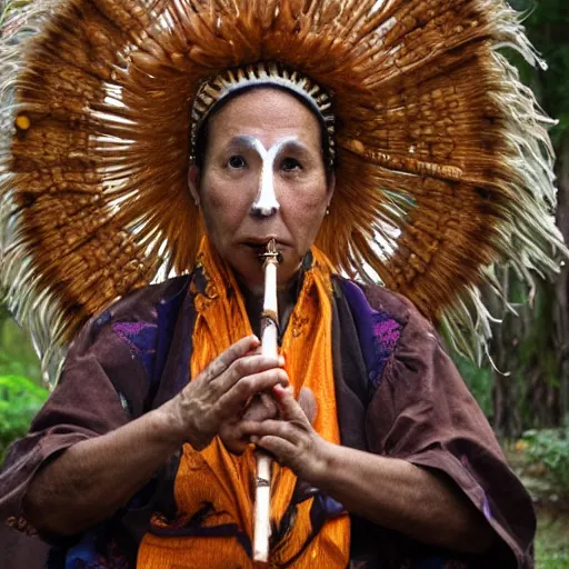 Image similar to a shaman playing a bone flute, a female air elemental coming out of the other end of a flute