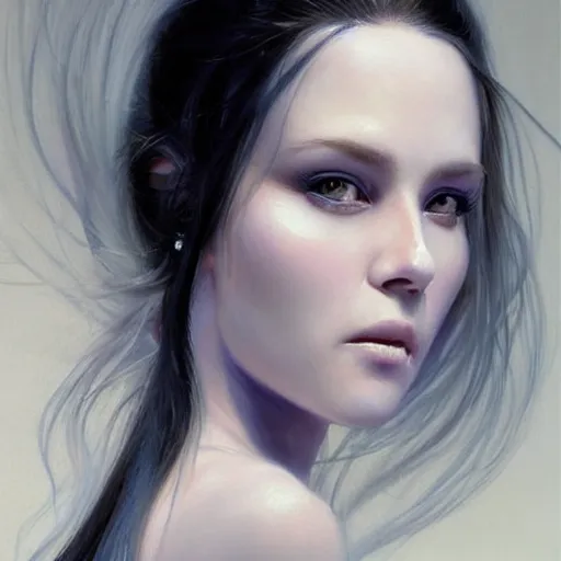 Prompt: facial portrait of a young pretty woman in flowing dress, arrogant, mysterious, long fine blue hair, delicate, looking at camera!!!, slightly awkward smile!, realistic face, no hands visible, intricate, stylish, elegant, grimdark fantasy, vibrant, extremely detailed painting by Greg Rutkowski and Steve Henderson and Harumi Hironaka