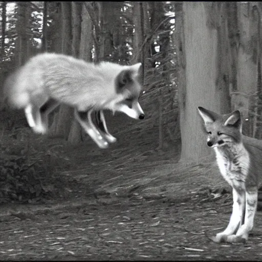 Image similar to trailcam footage of a fox dancing with a cat. night vision, fast shutter speed. caught on camera