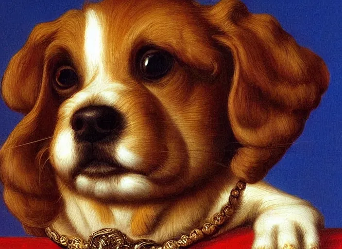 Prompt: baroque rococo painting The King's Dog portrait Greg Hildebrandt high detail cute puppy