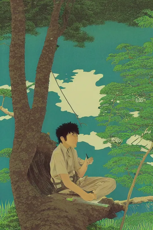 Image similar to a closeup portrait of a young japanese man taking mind altering drugs, a blotter paper of lsd acid and dreaming psychedelic hallucinations in the vast green landscapes of the amazon jungle, by kawase hasui, moebius, edward hopper, colorful flat surreal design, hd, 8 k, artstation