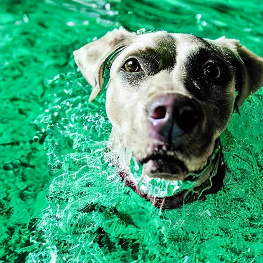 Image similar to dog swimming in green acid, 4k animal photography award-winning