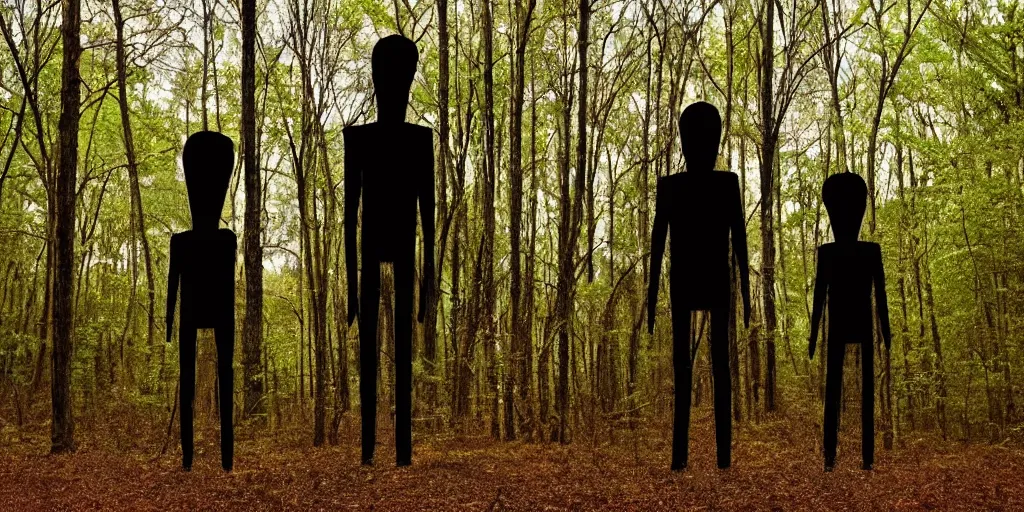Image similar to tall scary figures standing in the dark woods at night