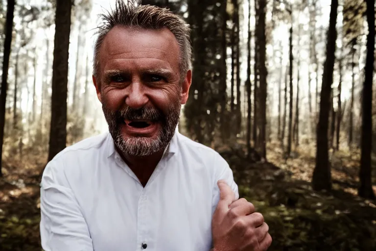 Prompt: a cinematic portrait of a middle aged man with golden teeth, forest background, wearing a white rugged shirt, dramatic lighting, back light, hair light, rim light, 4 k, ultra realistic, by clemens ascher