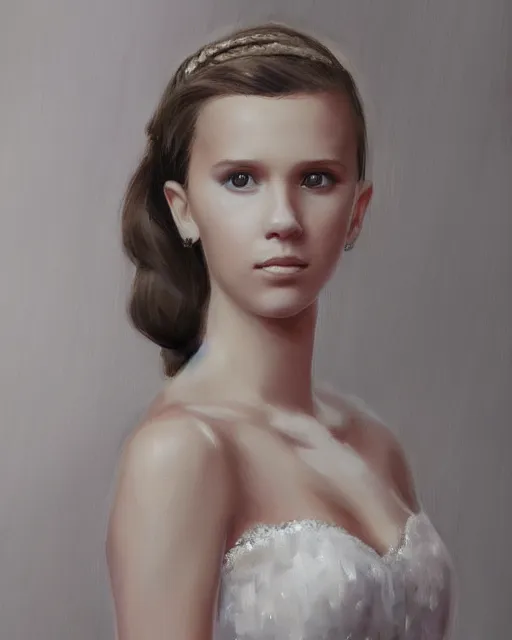 Image similar to a painting of a girl resembling alicia vikander or millie bobby brown in a wedding dress, highly detailed, artstation, concept art, by thomas canty