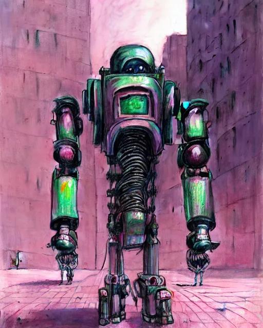 Image similar to hyperrealistic exoskeleton mecha iridescent pink brutalist city ruins background concept art santiago caruso de chirico sharp very dramatic green light 8k low angle shallow depth of field