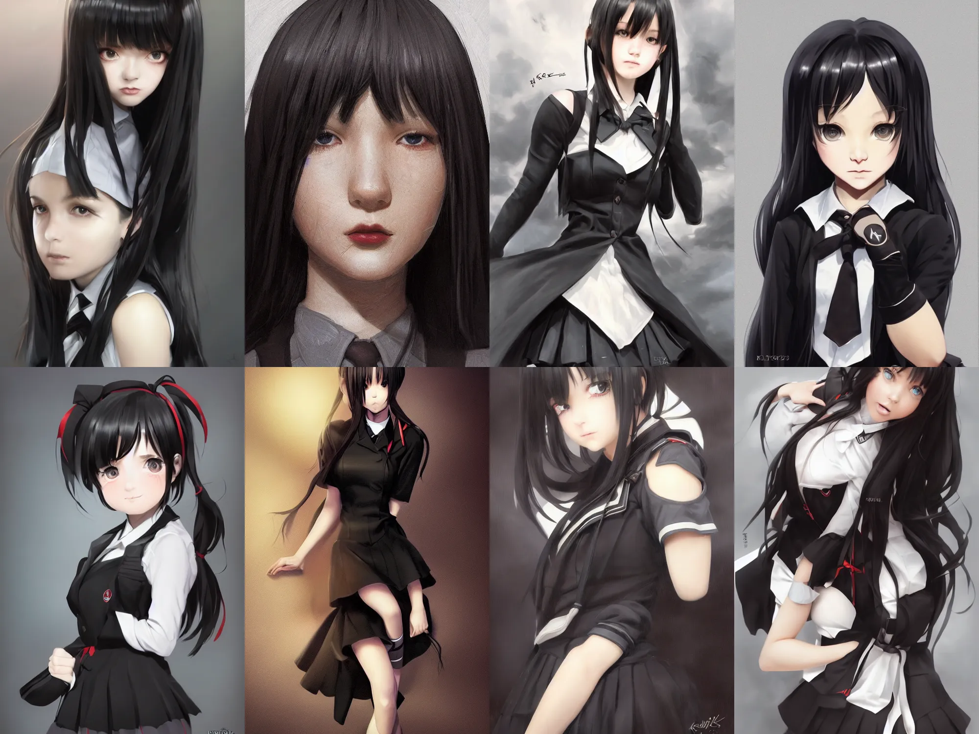 Prompt: A hyperrealistic schoolgirl, in black uniform, black silky hair, very detailed black stunning deep eyes. Darkness. By krenz cushart, Greg Rutkowski, trending on artstation. Glossy materials, sharp highlights, amazing textured brush strokes, soft curvy shape, clear curvy details, cinematic soft volumetric studio lighting, with backlight, VFX, HDR