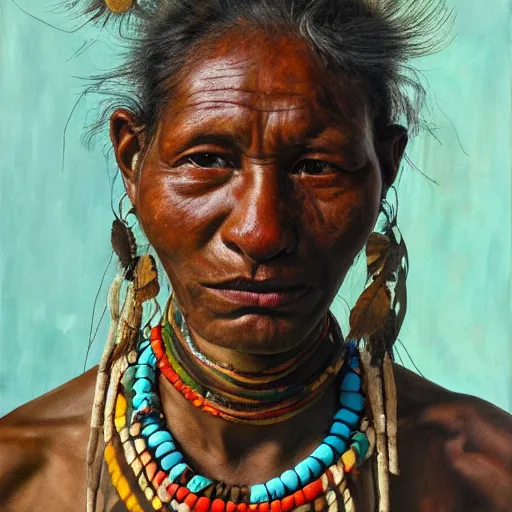 Prompt: high quality high detail painting by lucian freud and jenny saville, hd, full body of a indigenous tribe leader, turquoise color, photorealistic lighting