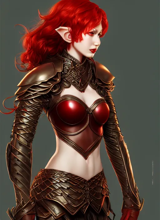 Image similar to leather armor!!! beautiful and elegant curly red hair female elf!! gorgeous ayes!! character concept art, sharp focus, octane render! unreal engine 5! highly rendered!! trending on artstation!! detailed linework!! illustration by artgerm, wlop, and chie yoshii