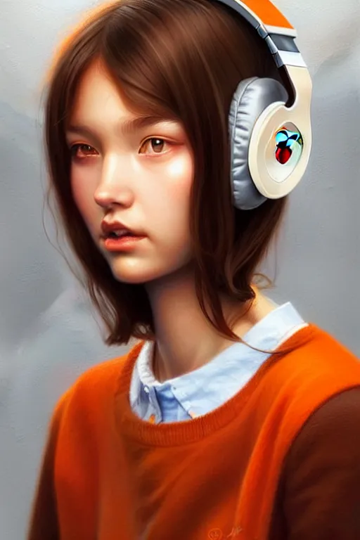 Prompt: girl looking to the left, wearing beats headphones. short brown hair, white jumper. lit from the right side, orange light, highly detailed face, digital art masterpiece, smooth. artgerm jesper ejsing!