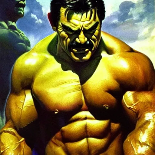 Image similar to ultra realistic portrait painting of tom selleck as hulk, art by frank frazetta, 4 k, ultra realistic, highly detailed, epic lighting