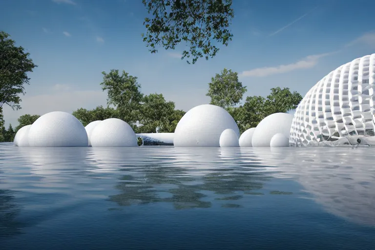 Image similar to a building composed of many white spherical egg shaped circular spaces arranged up and down. on the calm lake, people's perspective modern curved architecture, future, wood, marble, metal award winning, highly detailed 4 k art, dusk, unreal engine highly rendered, global illumination, radial light, internal environment by kazuyo sejima