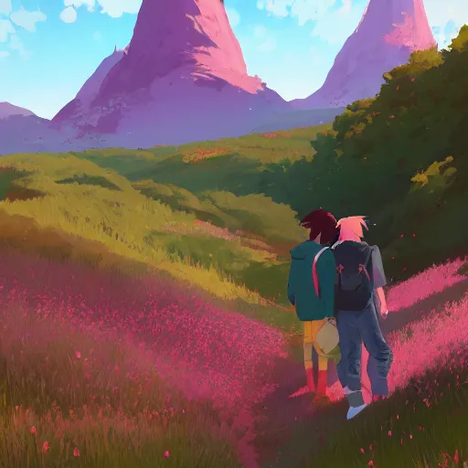 Prompt: two teen boys, pink haired, red haired, flower fields and mountains in the background, digital painting, artstation, highly detailed, by makoto shinkai and thomas kindle and James gilleard