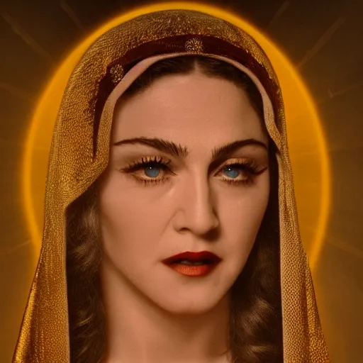 Image similar to stunning awe inspiring madonna as the female jesus christ, movie still 8 k hdr atmospheric lighting