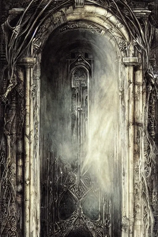 Image similar to the great door of heaven, intrincate details, flesh and blood, painted by luis royo