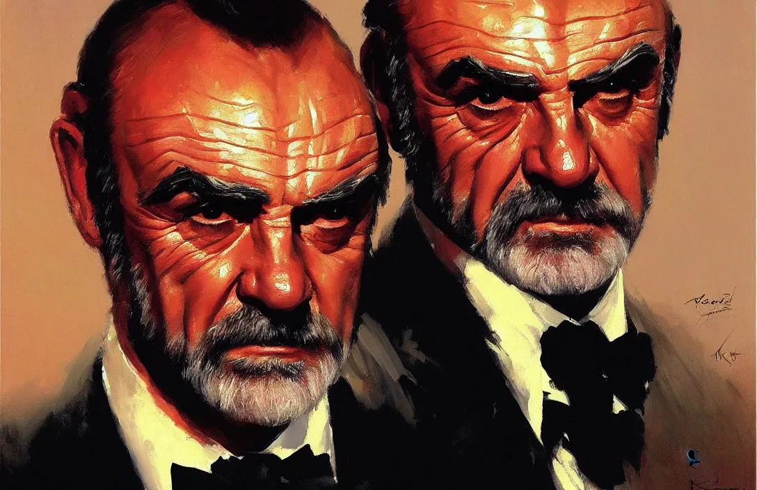 Image similar to portrait of sean connery as james bond!!!!!!!!!!!!!!!!!!!!!!!!!!!, detailed face, detailed painting, epic lighting, by ilya repin, phil hale and kent williams