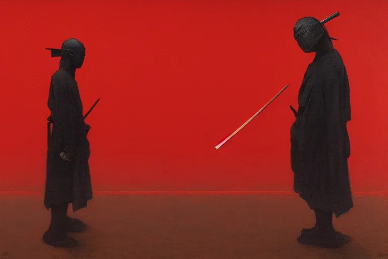 Image similar to only with red, a red samurai harakiri, tokio, a lot of frogs watch, in the style of beksinski, parts by edward hopper, parts by rodcenko, parts by yue minjun, intricate and epic composition, red by caravaggio, insanely quality, highly detailed, masterpiece, red light, artstation, 4 k