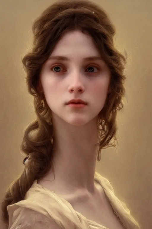 Image similar to Portrait of beautiful pale peasant girl, cinematic lighting, intricate, elegant, highly detailed, digital painting, artstation, smooth, sharp focus, illustration, art by artgerm and greg rutkowski and alphonse mucha and Wayne Barlowe and william-adolphe bouguereau