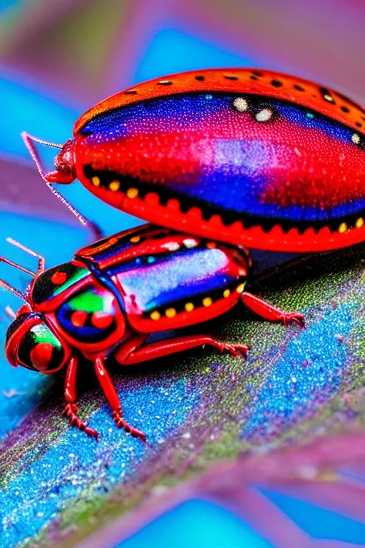 Image similar to high quality macro photo iridescent Red spotted jewel beetles! gorgeous highly detailed david ligare elson peter cinematic blue lighting high quality low angle hd 8k sharp shallow depth of field