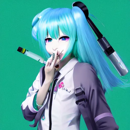 Image similar to hatsune miku smoking weed with a vape pen, smoke coming out of her mouth, bloodshot eyes, artstation, 4 k